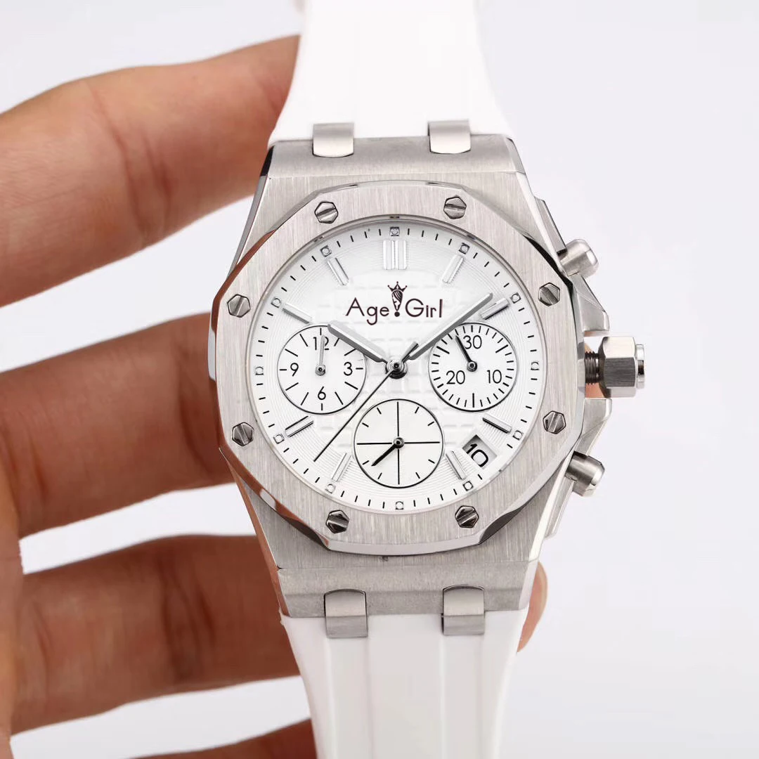 

Luxury Brand New Women Chronograph Stopwatch Sapphire Stainless Steel Luminous Watches Black White Rubber Silver Waterproof 50m