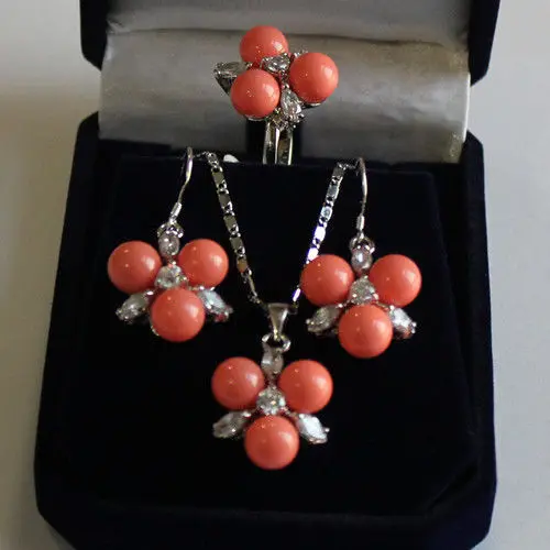 

8mm pink shell pearl earring pendant ring#7/8/9