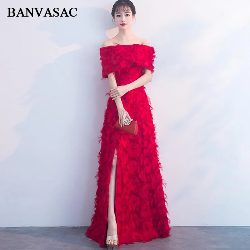 BANVASAC 2018 Длинные вечерние платья с перьями вырезом лодочкой и разрезом