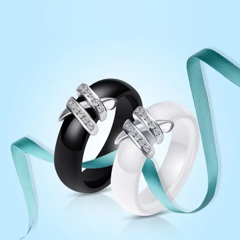 Мода 6 мм Высокое качество черный и белый простой стиль две линии Кристалл Ziron керамические кольца для женщин модные ювелирные изделия подарок