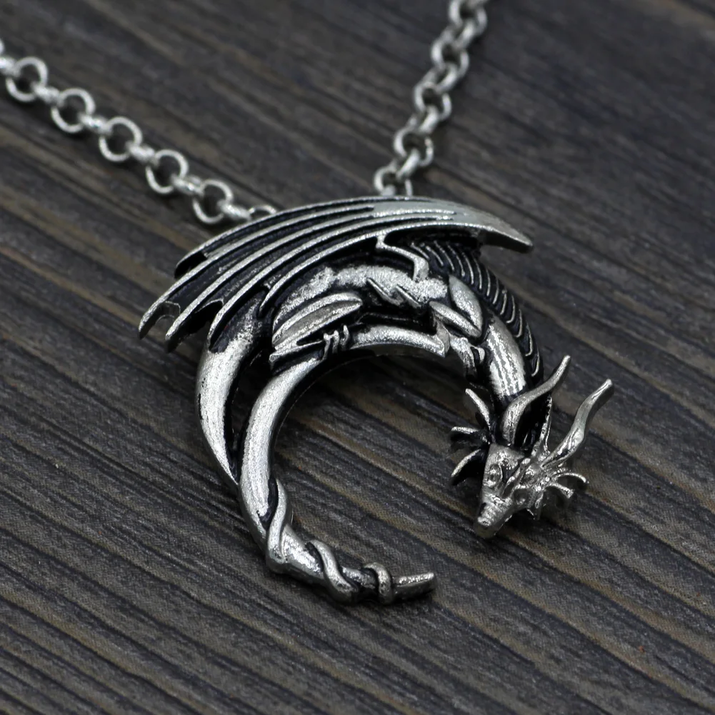 Dragon necklace PREORDER winged dragon on moon pendant medieval