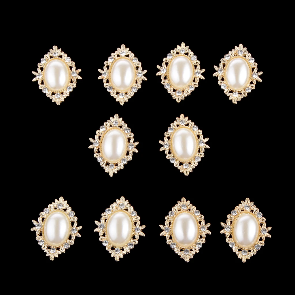 Phenovo 10 Pearl Oval Rhinestone Button Flatback Embellishment Craft Gold