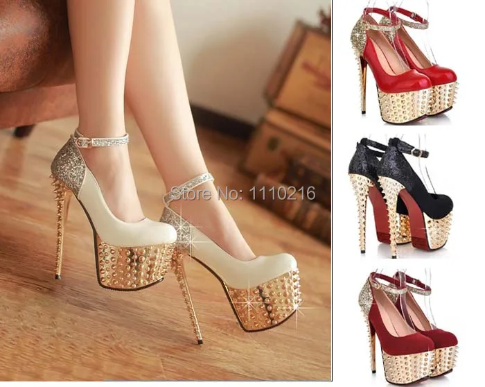 2016 new fashion rivets Sequins strappy ultra high heels platform wedding pumps sexy buckle party wedding