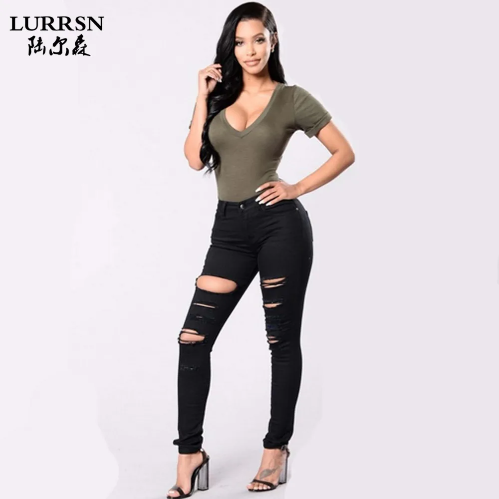 

LURRSN European Style 2017 Women White Black Skinny Ripped Jeans Ladies Pencil Pants Jeans Female Sexy Slim Elastic Pure Cotton