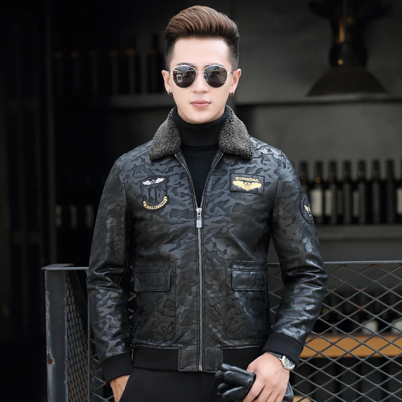 YOLANFAIRY Geniune Leather Bomber Jacket Men Sheepskin Leather Black camouflage Down Cotton Winter Warm Thickening  Coat MF409