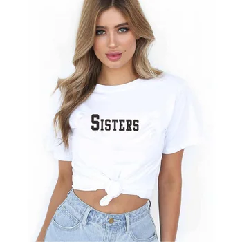 

ONSEME sisters Letters Print t shirt Women Cotton Casual O-neck Loose short sleeve Funny tshirt tee top female T-shirt Q-234