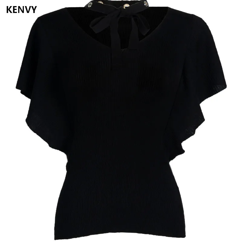 Cravate Gamme V De cou Chauve Chandail Dames Kenvy souris Luxe Manches Fold Marque Mode Haut Femmes Uqn88vXwA