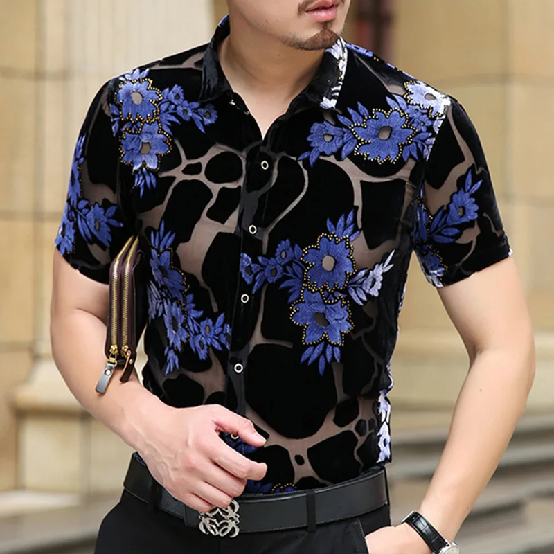 Men's Floral Shirt Summer See Through Clothes Male Sexy Transparent Clubwear Short Sleeve Streetwear Dress Shirts