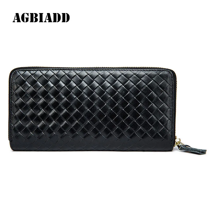 

AGBIADD Business Solid Purse Men Long Wallet Knit The First Layer Of Leather Male Clutch Organizer Wallets 419