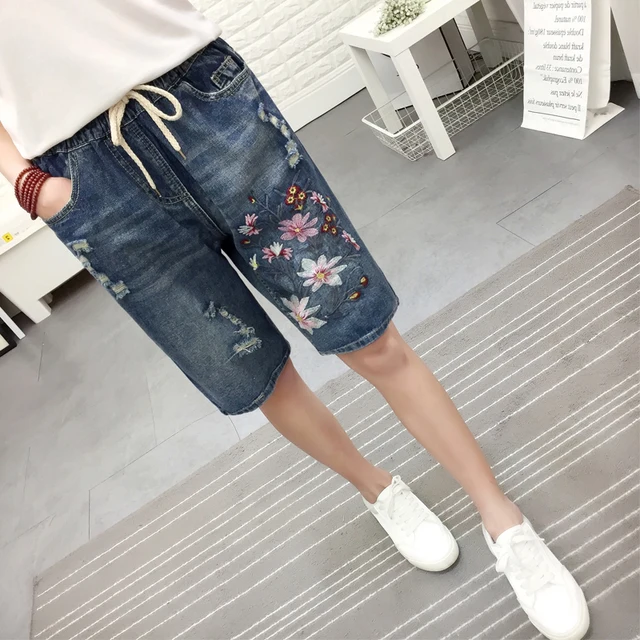 US $22.95 Summer Women Floral Embroidery Knee Length Denim Pants High Waist Women's Jeans Plus Size pantalon 