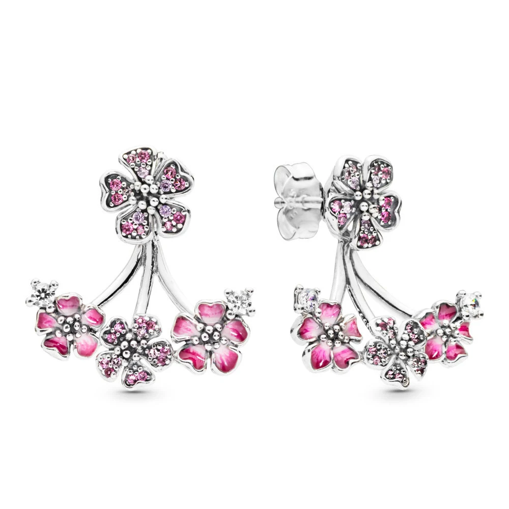 

2019 Authentic 925 Sterling Silver Peach Blossoms Flower Original Pandora Stud Earrings For Women Bead Charm Gift DIY Jewelry