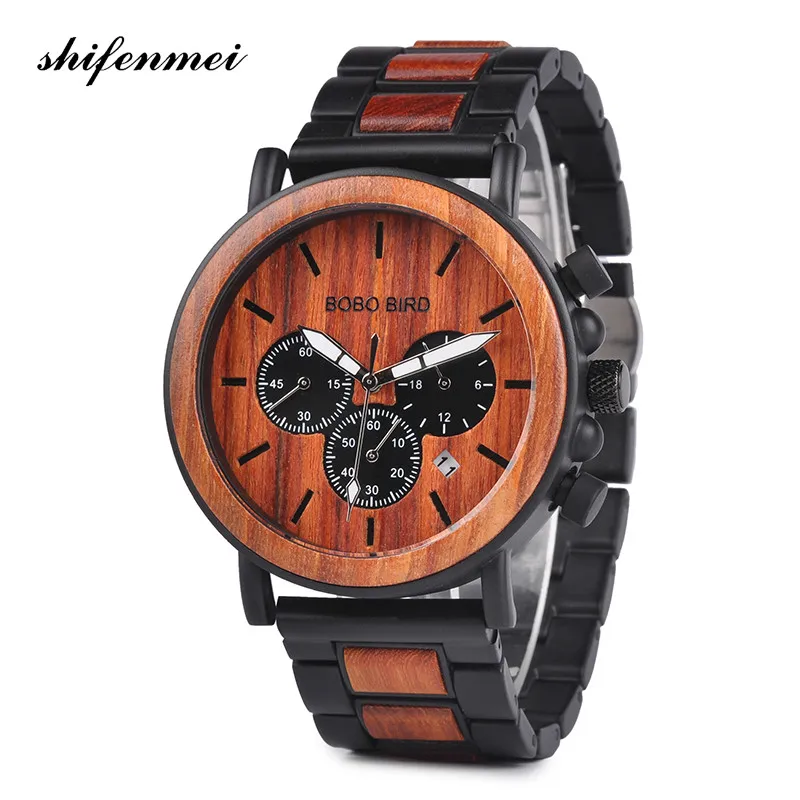 

New Fashion Band Wooden Men Watches Relogio Masculino Top Brand Luxury Stylish Watch Wood & Stainless Steel Chronograph Military