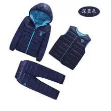 Рождественский пуховик+ жилет+ брюки, водонепроницаемый комплект одежды, зимний теплый детский спортивный костюм Одежда для мальчиков спортивный костюм из 3 предметов