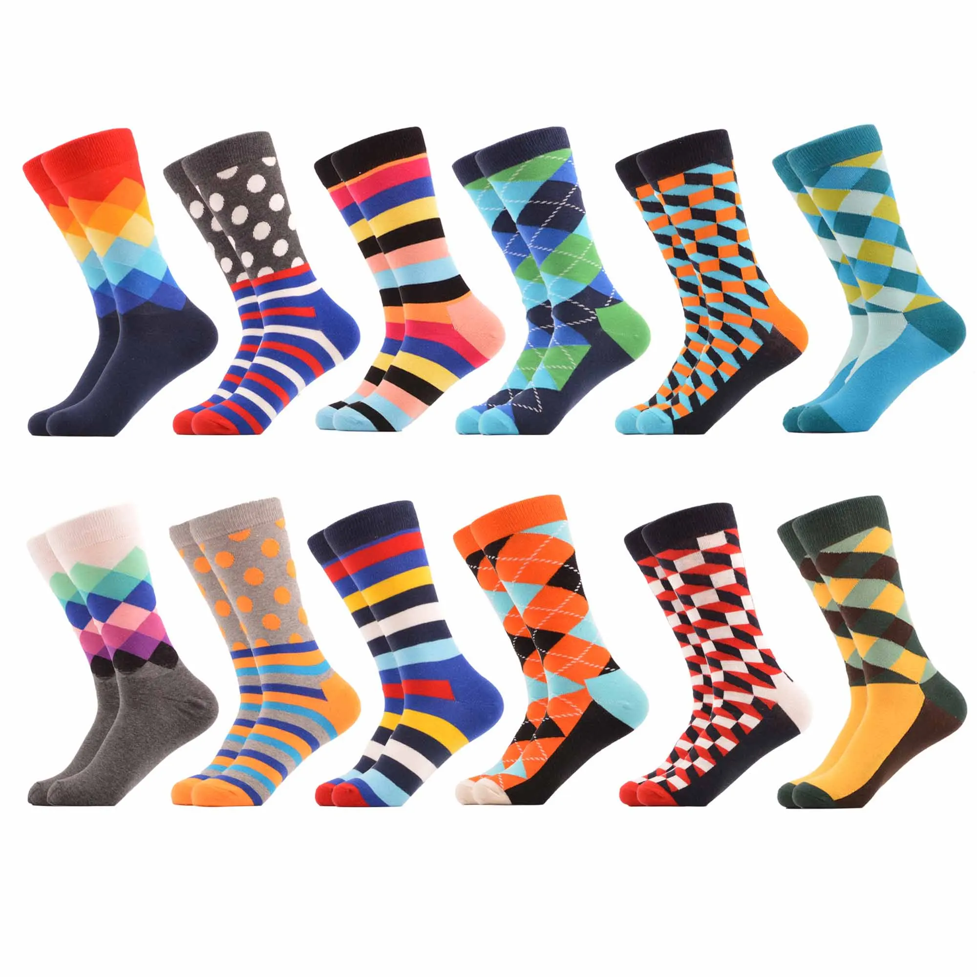 SANZETTI Men's Colorful Combed Cotton Happy Novelty Socks Hip Hop High Quality Skateboard Plaid Geometric Funny Socks For Gifts - Цвет: 06284 (12 pairs)