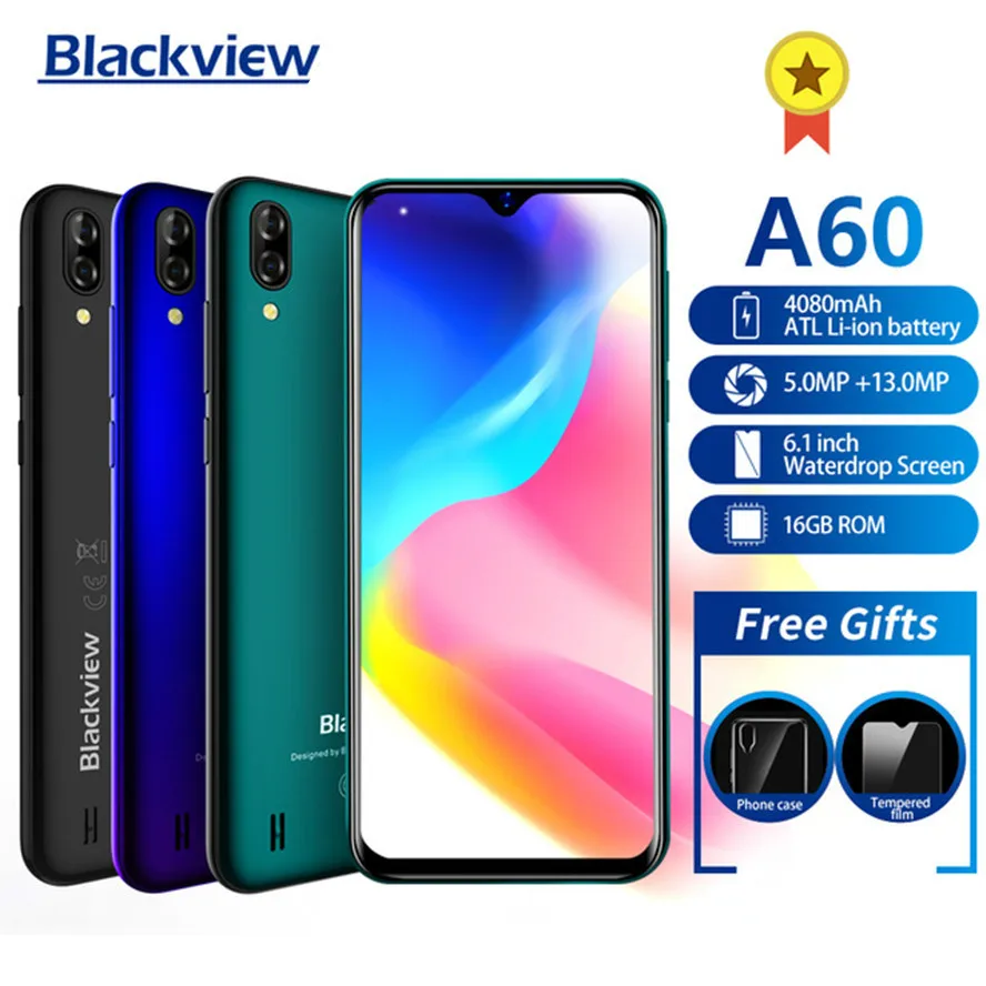  Blackview A60 Smartphone 4080mAh Android 8.1 13MP Dual Camera Cellphone MT6580A Quad core 6.1