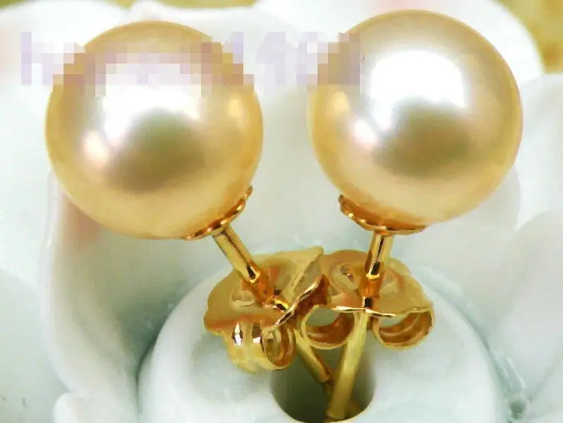

Free Shipping >>>> Solid 18k Yellow Gold 7.5mm AAA+++ Round Golden Pink Akoya Pearl Stud Earring