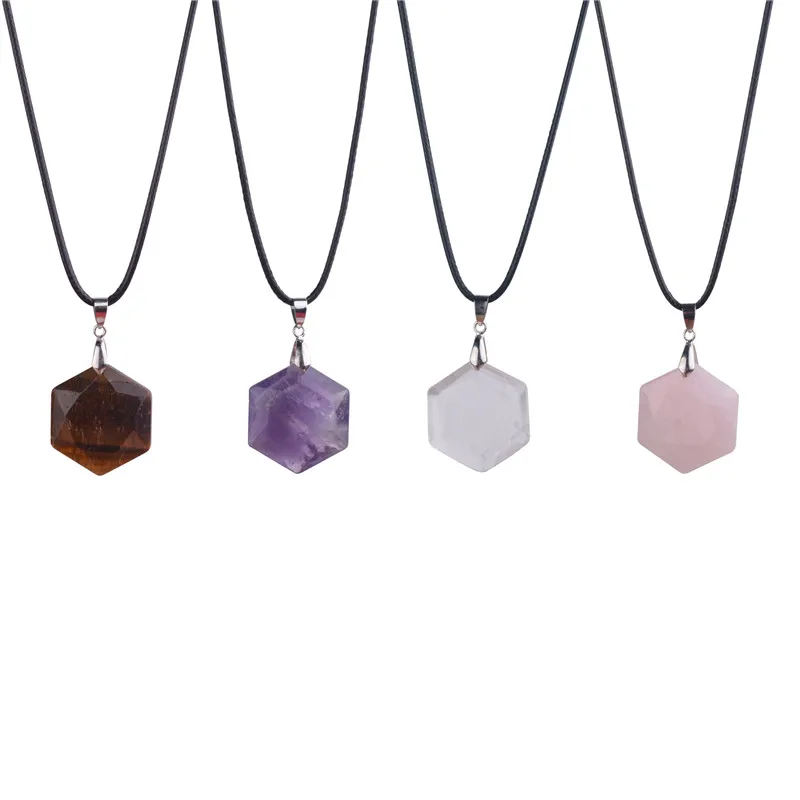 Quartz Necklace Leather Chains Natural Tiger Eye Quartz Crystal Pendant Women Men Necklaces