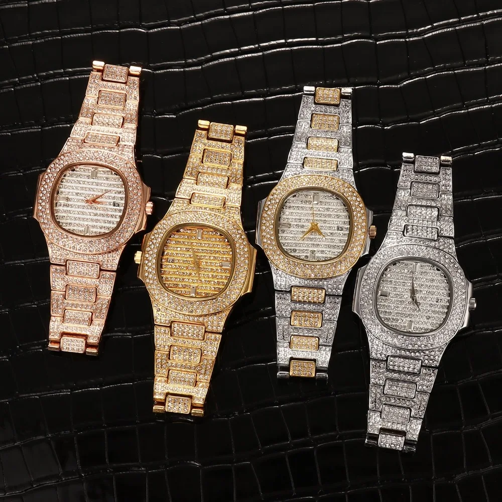 

Hip Hop Mens Watches Luxury Date Quartz Wrist Watches Micro Pave CZ Watch Link Chain Bracelet For Men Jewelry Gold Silver Rose