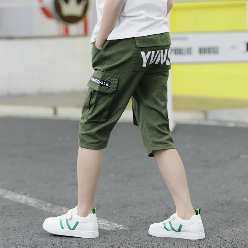 

Vangull 2019 new summer five points straight elastic overalls 10-14 years old Korean trend Big pocket letter loose casual pants