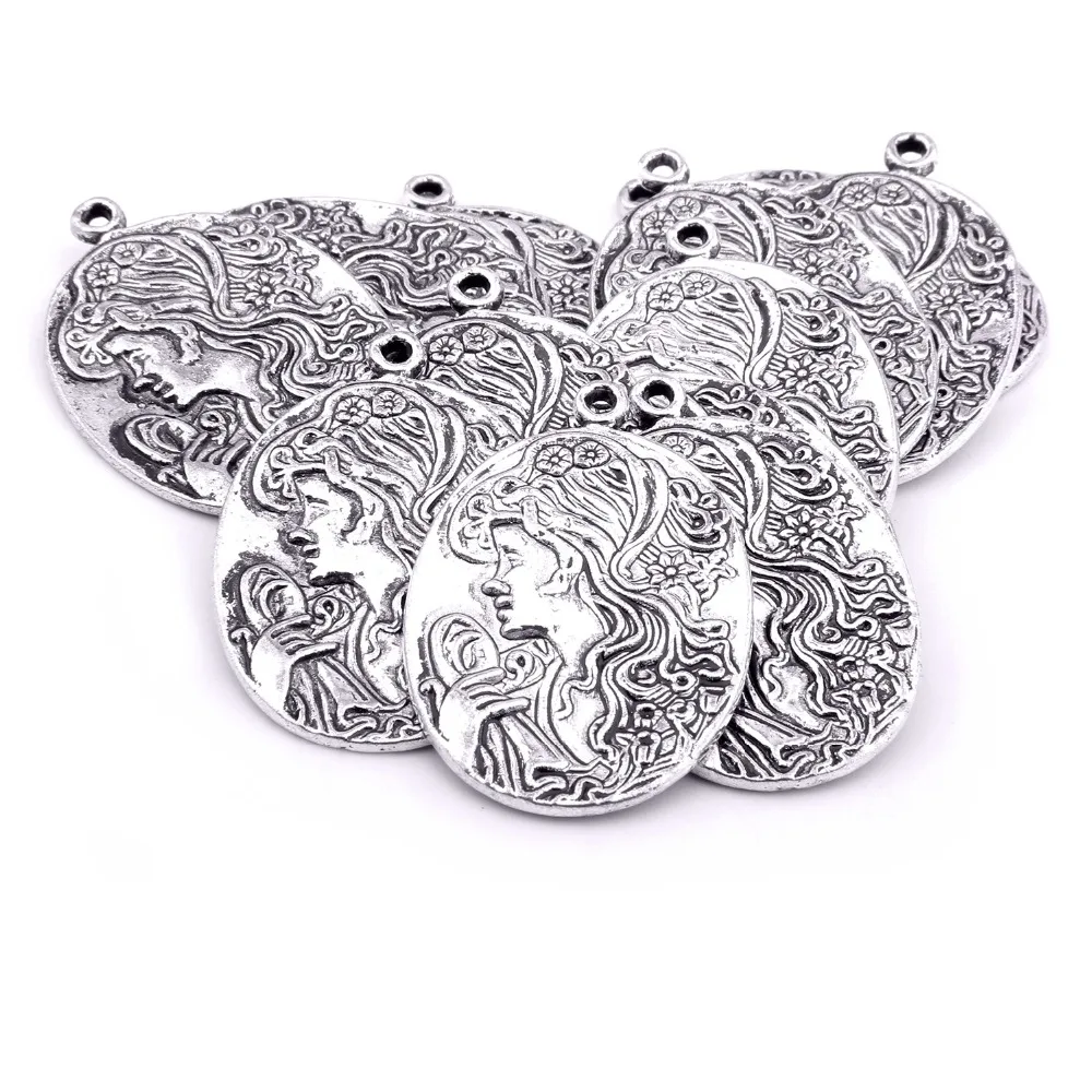 

Vinswet Vintage Alloy Silver Beauty Avatar Charm Pendants for Bracelets Making Findings DIY Charms Handmade 6 Pcs 27*40MM