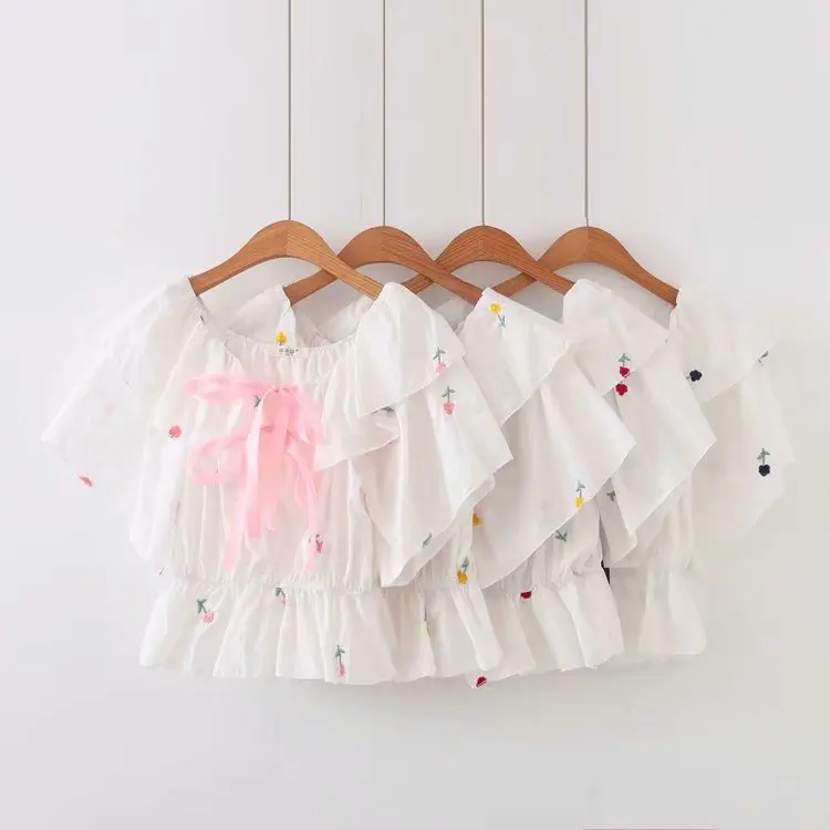

sweet lolita shirt 2019 mori girls summer Japanese style slash neck short sleeve white embroidery bow blouse tops