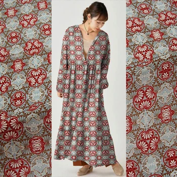 

real silk printing crepe DE chine Satin fabrics red Geometric patterns fabric for skirt dress 0.5meter