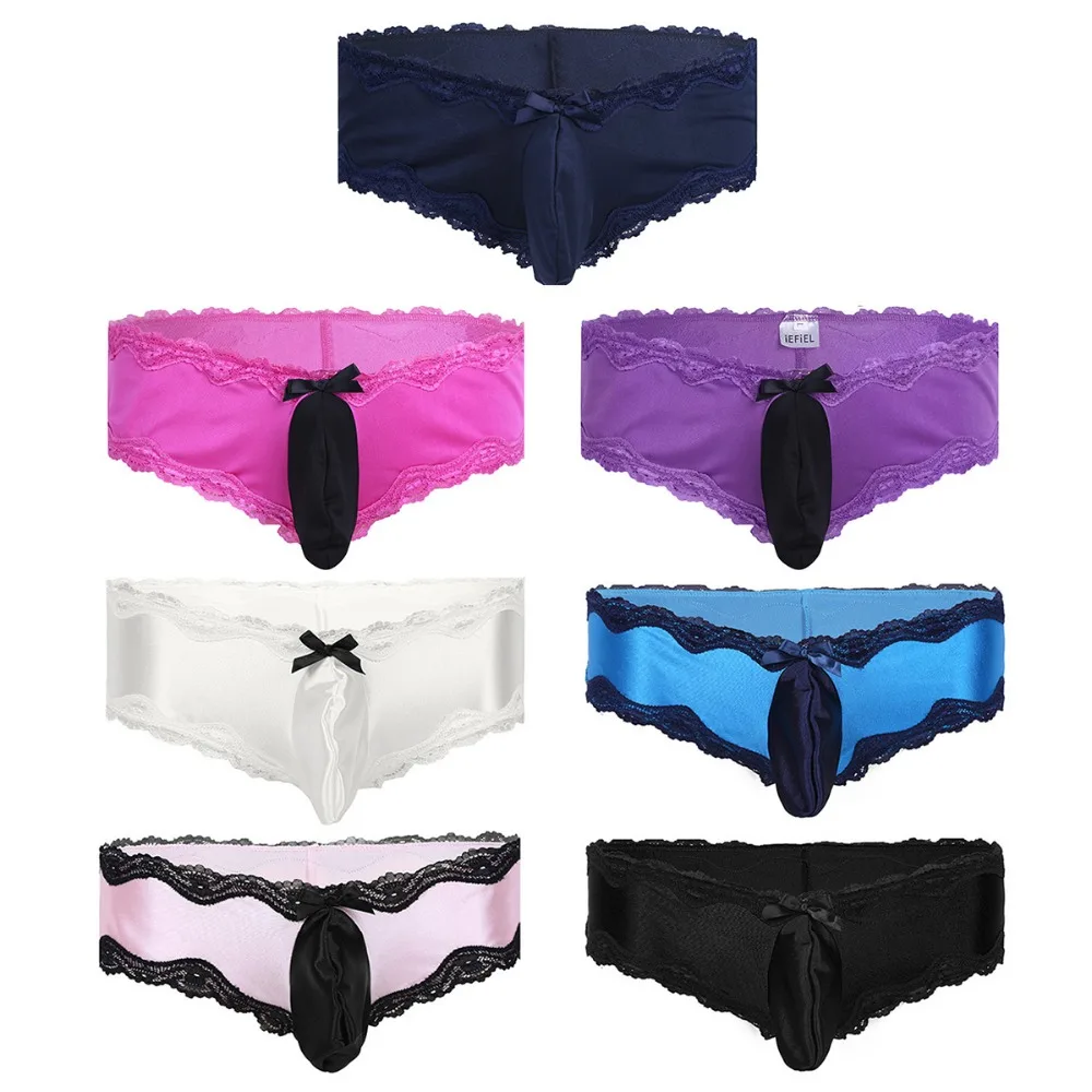 iEFiEL Hot Sexy Mens Lingerie Lacework Underwear Sissy Thong Enhance Bulge Pouch Bikini Briefs Pants Men's Underwear Man Panties
