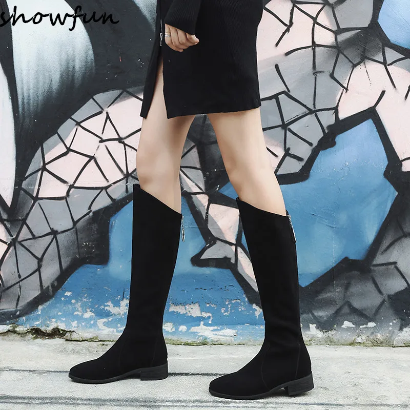 Plus Size 33-43 Women's Genuine Suede Leather Back Zip Knee High Knight Boots Brand Designer Fats Winter Long Boots Shoes Women Plus Size 33-43 Women's Genuine Suede Leather Back Zip Knee High Knight Boots Brand Designer Fats Winter Long Boots Shoes Women