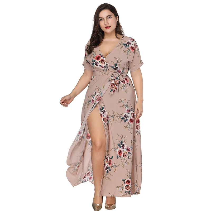 

Large Size Summer Beach Maxi Dresses Boho Short Sleeve V Neck Long Dress Women Split Dress Plus Size XL 4XL 5XL 6XL