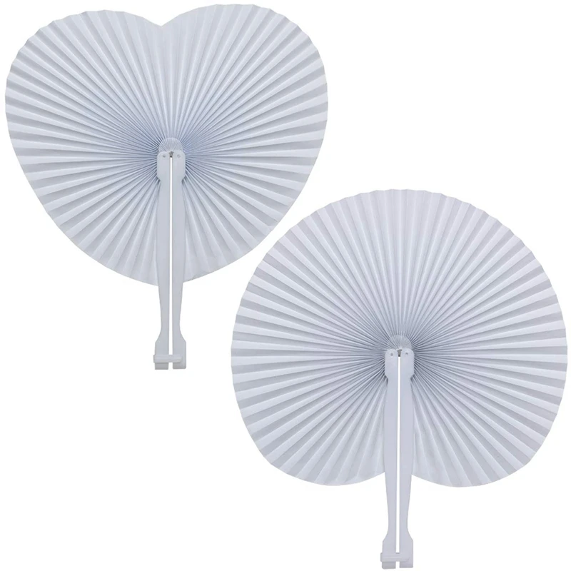 

IALJ Top 50 Pack White Folding Fans - Round And Heart Shaped Handheld Folding Accordion Paper Fans Classified With Plastic Han