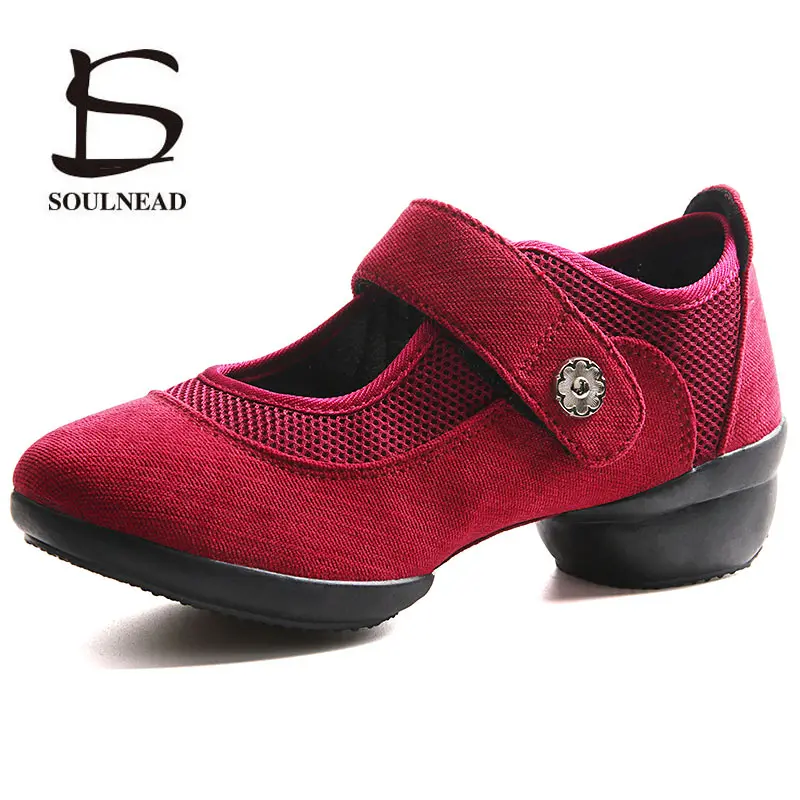 

Red Black Jazz Modern Dance Shoes Woman's Soft Outsole Breath Ladies Practice Square Dancing Sneakers Shoes Sports Feature Shoes