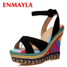 ENMAYLA/Новые модные и стильные Национальный стиль разноцветные Для женщин на квадратном каблуке и танкетке, сандалии на платформе, женские черного цвета на высоком каблуке 12 см ткань Экстра женская обувь на высоком каблуке