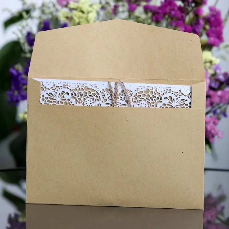  10pcs/set Hollow Lace Wedding Party Invitation Cards With Kraft Paper Inner Sheet Envelopes Hemp Ro - 33029663254