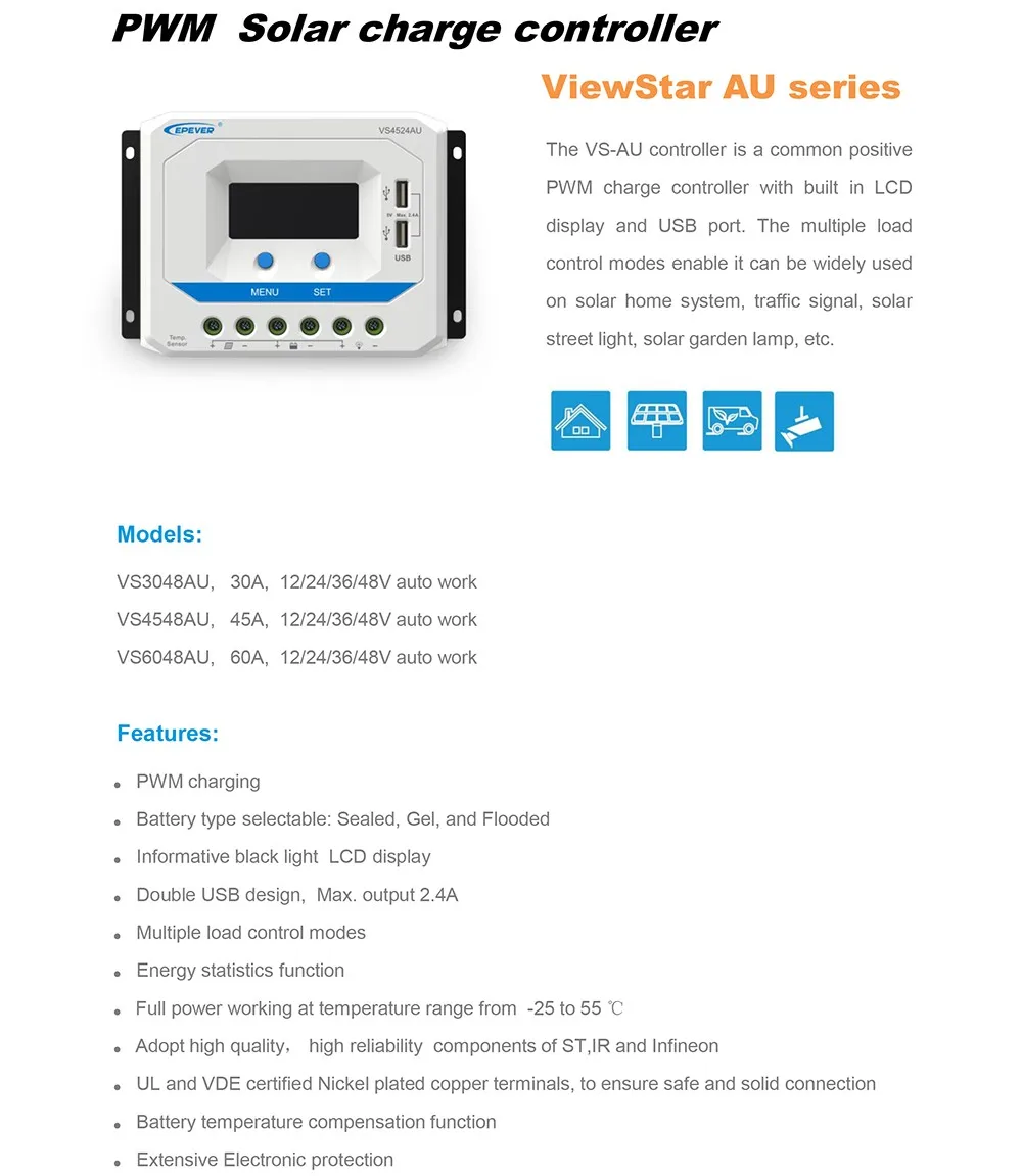 Vs6048au com Sensor de Temperatura Epever Solar Power Bank Controlador Regulador Display Lcd Porta Usb 12 v - 24 36 48 Trabalho 60a com sensor de temperatura regulador display lcd