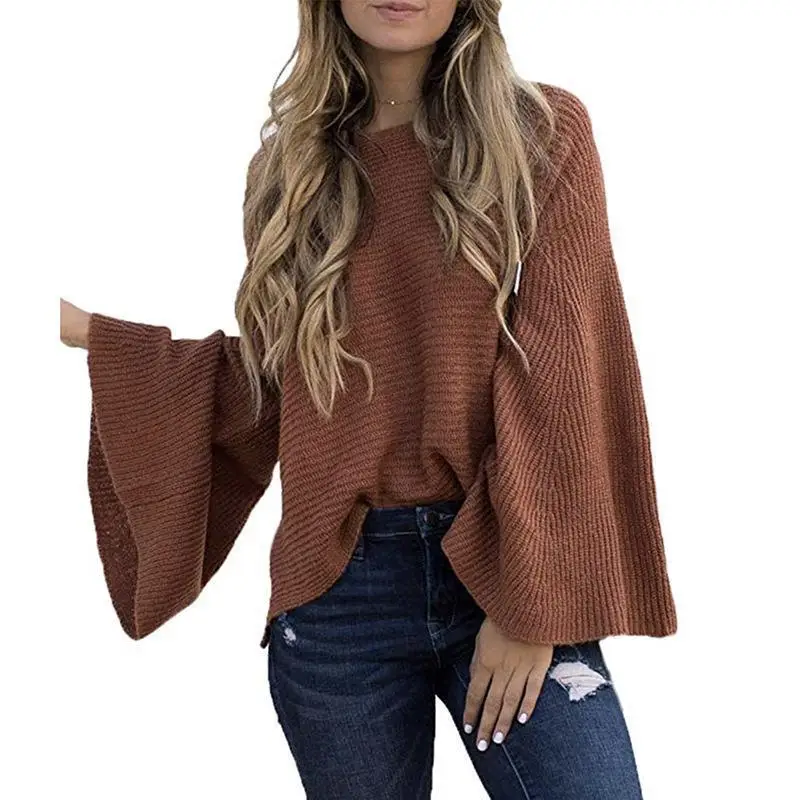 

2019 Autumn Winter New Fashion Womens Flare Long Sleeve Slim Knitting Tops Females Loose Pullover Bat Shirt Sweaters Trend