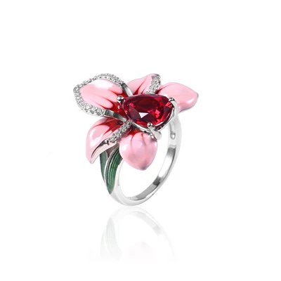 Розовый эмалированный цветок, ювелирный набор, женские серьги-заглушки, кулон, кольцо, набор, медная Орхидея, ювелирное изделие, Богемия, свадебные серьги, кольцо, кулон - Окраска металла: EJS042 ring