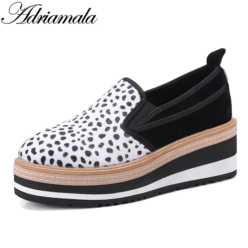 

2018 Horsehair Genuine Leather Women Loafers Platform Shoes Mixed Colors Slip-on Round Toe Casual Flat Platform Shoes Adriamala