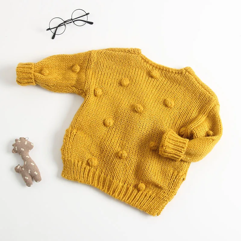 Осенне-зимняя вязаная куртка-кардиган для маленьких девочек; Детский свитер высокого качества; теплая детская одежда ручной работы с помпонами; верхняя одежда