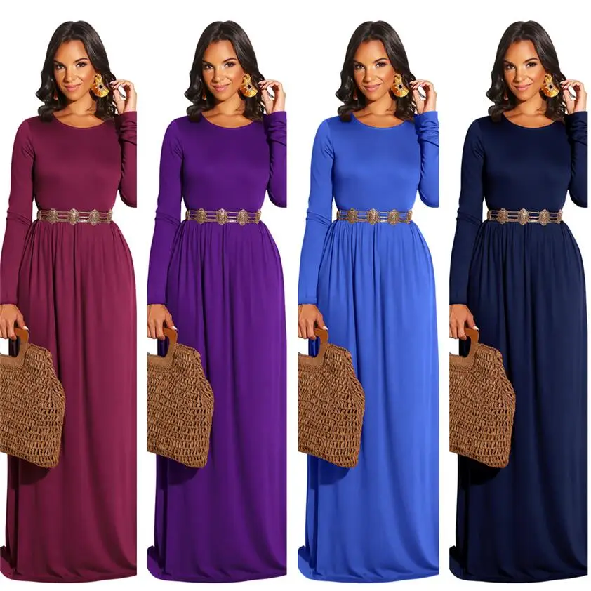 

New Autumn Winter 2019 Casual Women Dress O-neck Long Sleeve Draped Loose Maxi Dress Solid Color Elegant Long Dress Vestidos