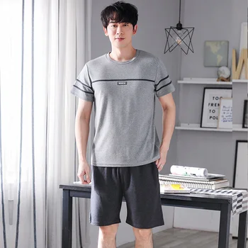 

New 2019 Summer Men Brief Pajamas Short Sleeve Male Pajama Set Men Pure Full Cotton Pajamas For Men Sleepwear Suit homewear