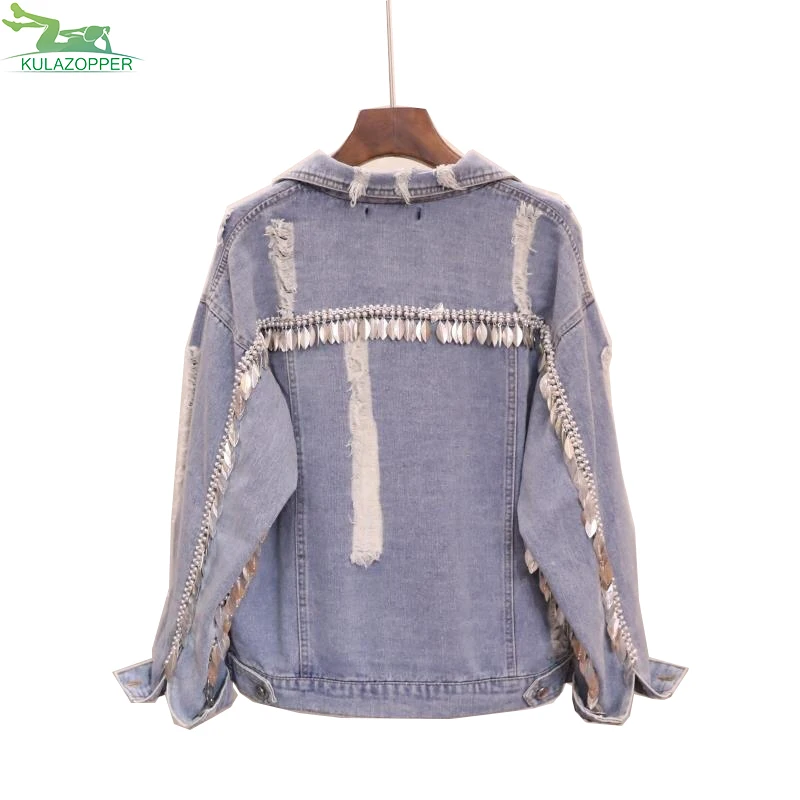 Buy Beaded metal sequins Denim Jacket Women Single