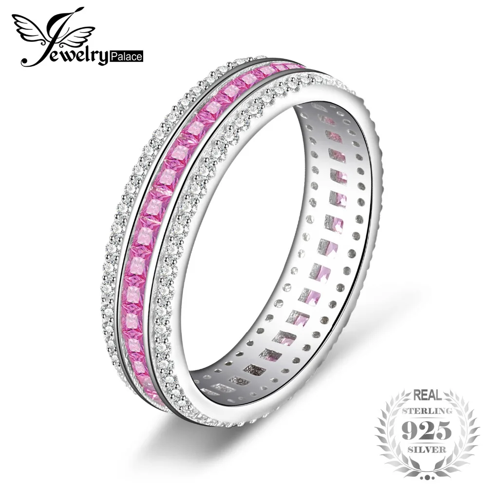 

JewelryPalace X Mark 0.8ct Princess Cut Created Pink Sapphires Rings Channle Sets Ring 925 Sterling Silver Gifts For Mom/Women