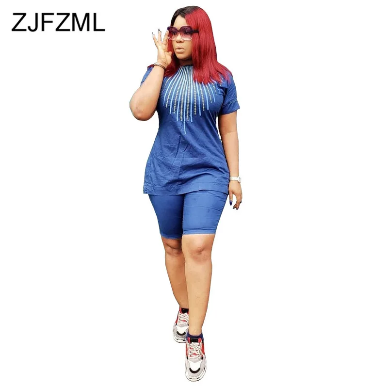 

Denim Print Two Piece Tracksuit Women Letter Print Short Sleeve T-Shirt And Biker Shorts Streetwear 2 Piece Matching Set Outfit