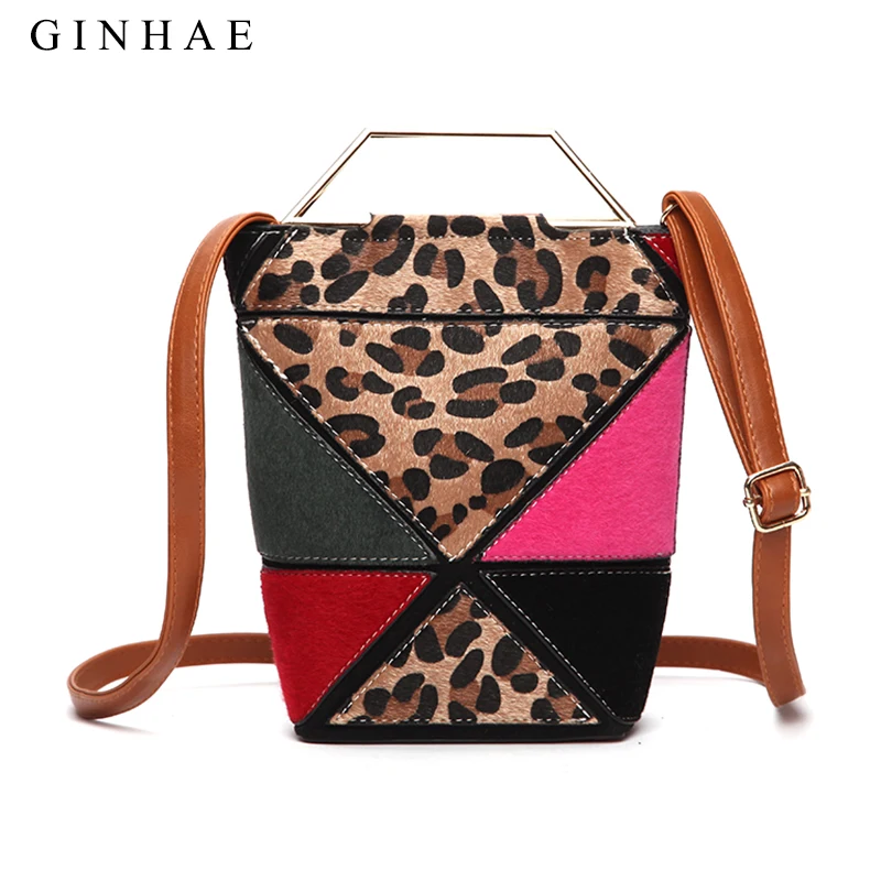 

Fashion Leopard Pattern Women Felt Bag Metal Handle Patchwork Leather Handbags Ladies Small Stitching Shoulder Messenger Bags