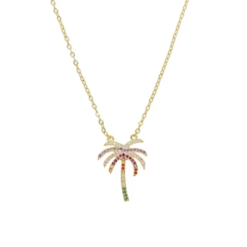 

summer beach women fashion jewelry micro pave colorful cz zirconia palm tree pendant necklace