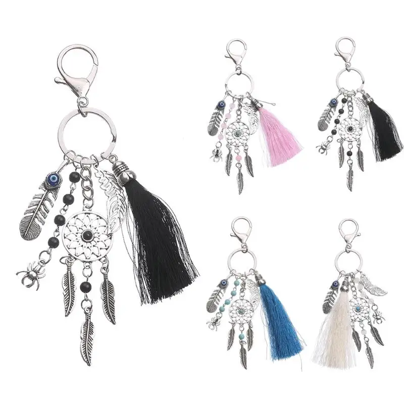 

Handmade Natural Stone Keychain Dream Catcher Keyring Tassels Feather Keychain Women Silver Boho Jewelry Keychain Gift for Women