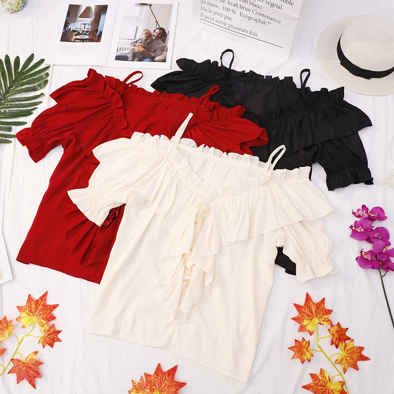 

2019 Women Summer Short Flare Sleeve Slash Neck Pullover Basic Chiffon Shirt Casual Elastic Slim High Waist Ruffles Blouse Tops