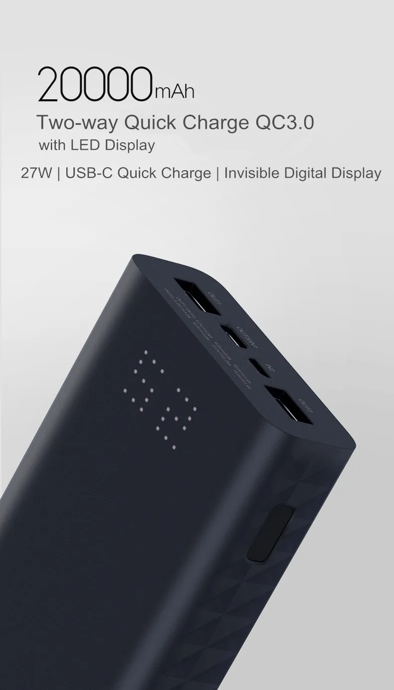 Xiaomi powerbank Z mi power bank 20000 мАч Быстрая зарядка QC3.0 Xiao mi батарея 20000 мАч QB822 для iPhone зарядное устройство