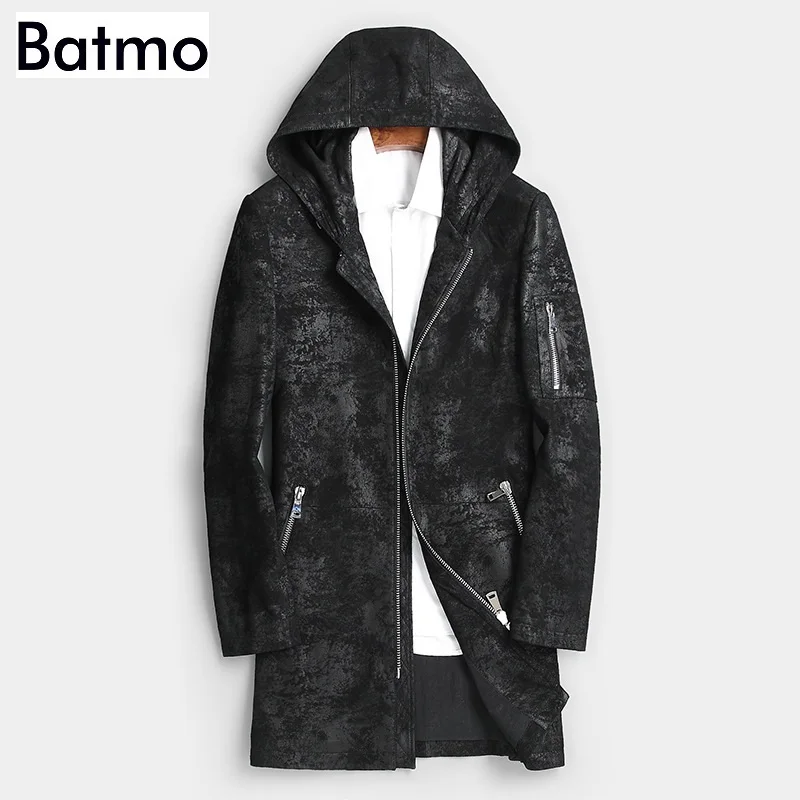 Batmo Новое поступление осенний высококачественный длинный мужской Тренч из овчины с капюшоном, мужские Куртки из натуральной кожи - Цвет: black