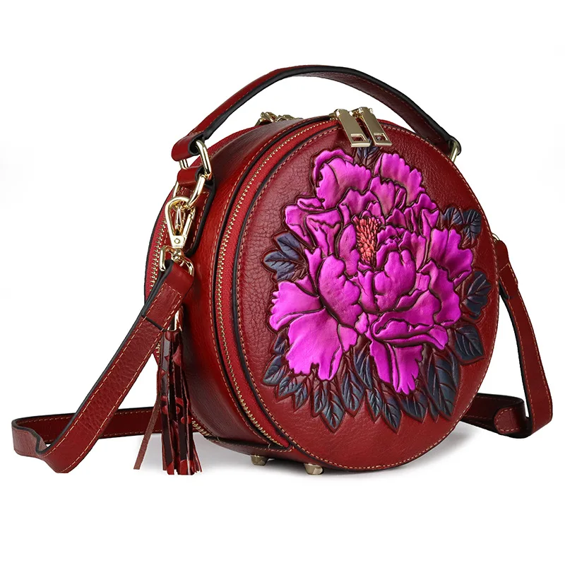 

Ougger Crossbody Cell Phone Shoulder Bag National Style Purple Circular Bag Genuine Leather with Flowers for Banquet